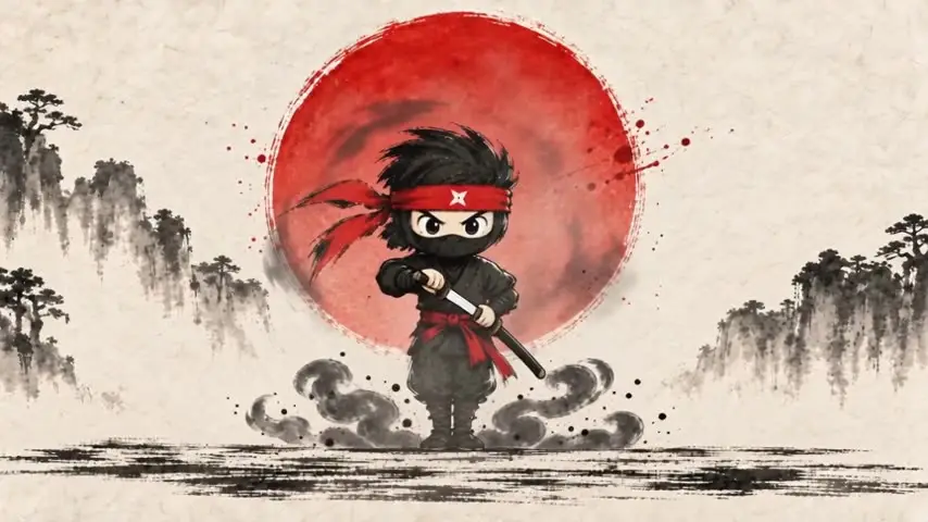 Ninja de tinta en guardia frente al sol rojo