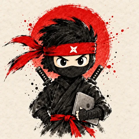 Ninja con dos katanas y un notebook, personaje del plan Samurai