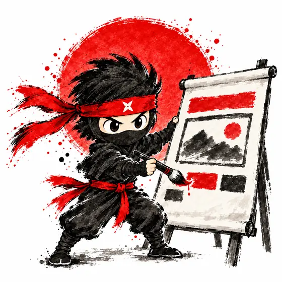 Ninja de tinta pintando un sitio web en un lienzo